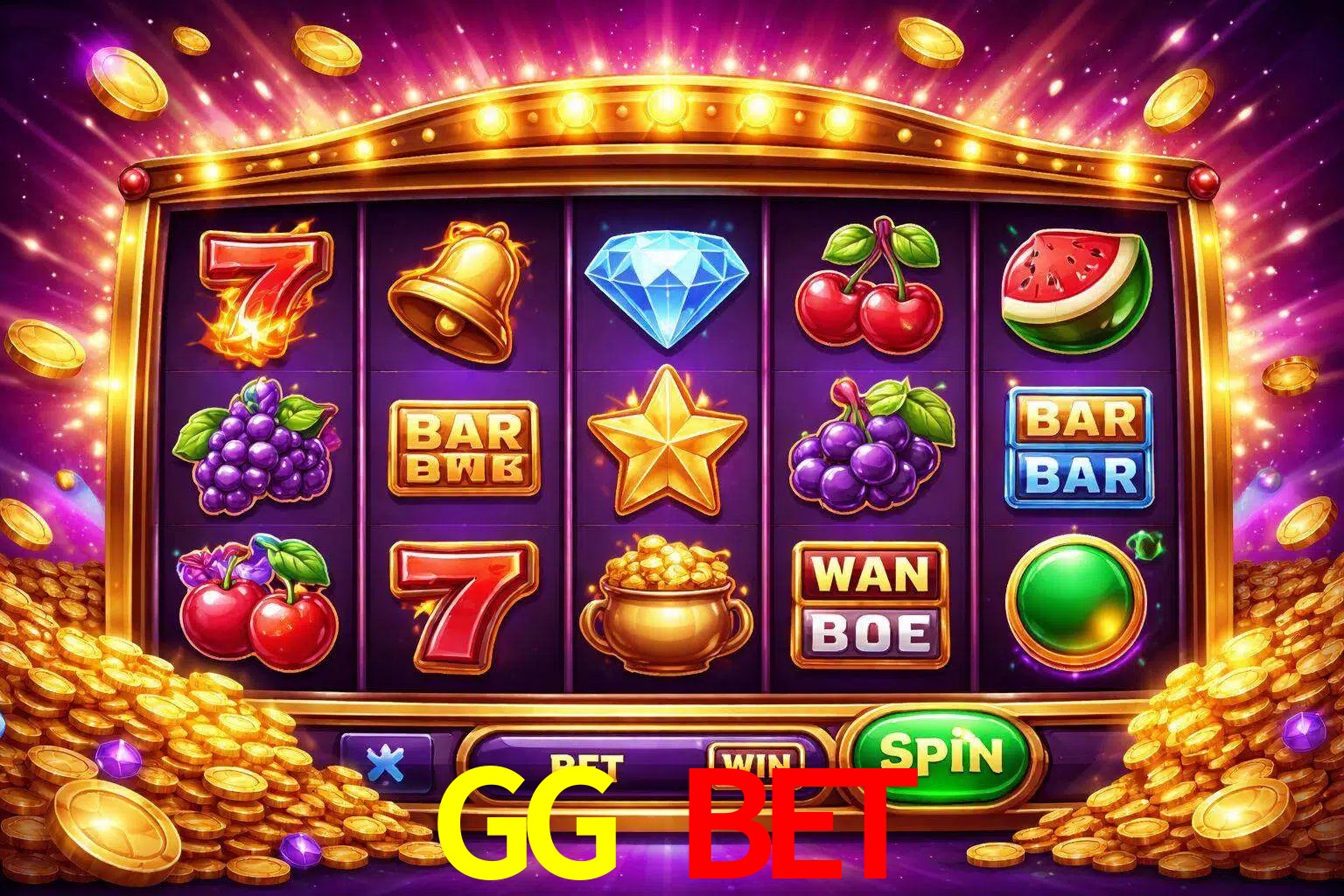 Una interfaz colorida de tragamonedas en línea con símbolos brillantes, monedas y un efecto de victoria celebratoria en GG BET.
